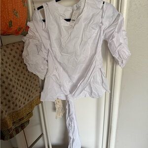 New York & Company White Tie-Front Puff Sleeve Blouse
